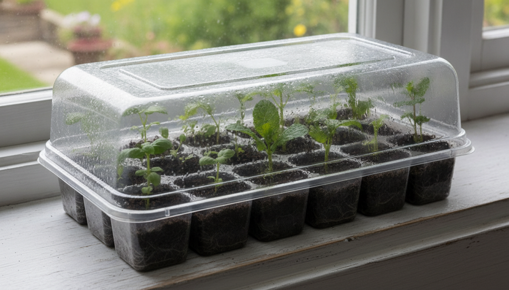 A clear plastic propagation dome covering multiple small plant cuttings potted in individual cells illustrating a succes
