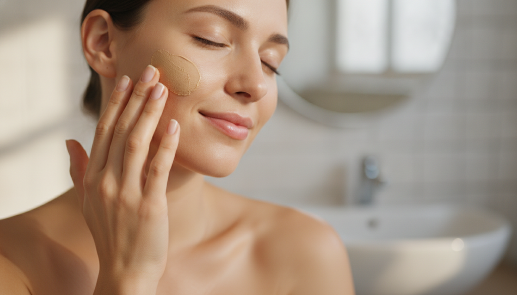 A woman gently applying a DIY clove face mask or oil to her cheek demonstrating usage with a soft focus on her hand and 