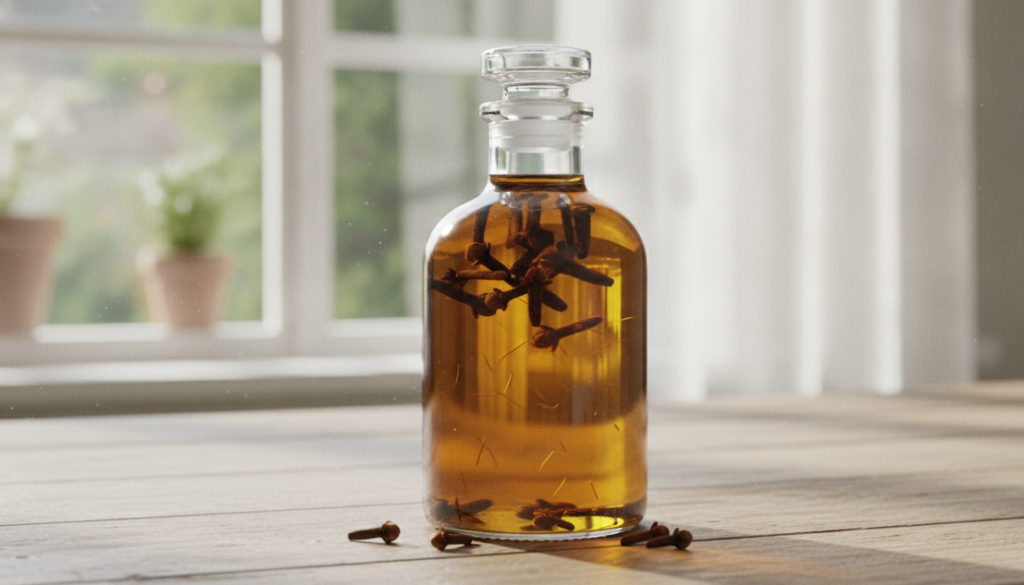 A close-up shot of cloves infusing in a clear glass bottle with a golden carrier oil representing the oil infusion proce