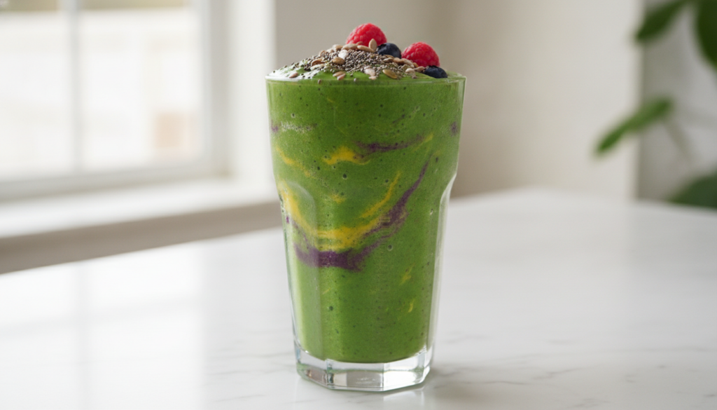 A vibrant blended smoothie in a clear glass garnished with a sprinkle of seeds set on a light background conveying fresh