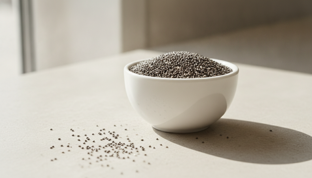 A close-up of a bowl of chia seeds with some seeds scattered around on a light background highlighting their small size 