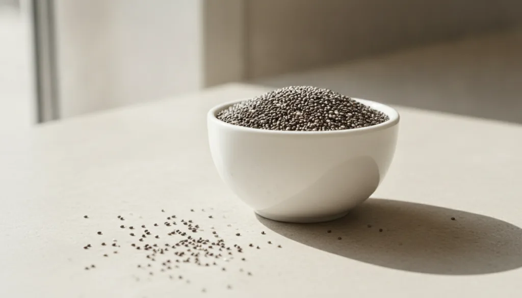 A close-up of a bowl of chia seeds with some seeds scattered around on a light background highlighting their small size 