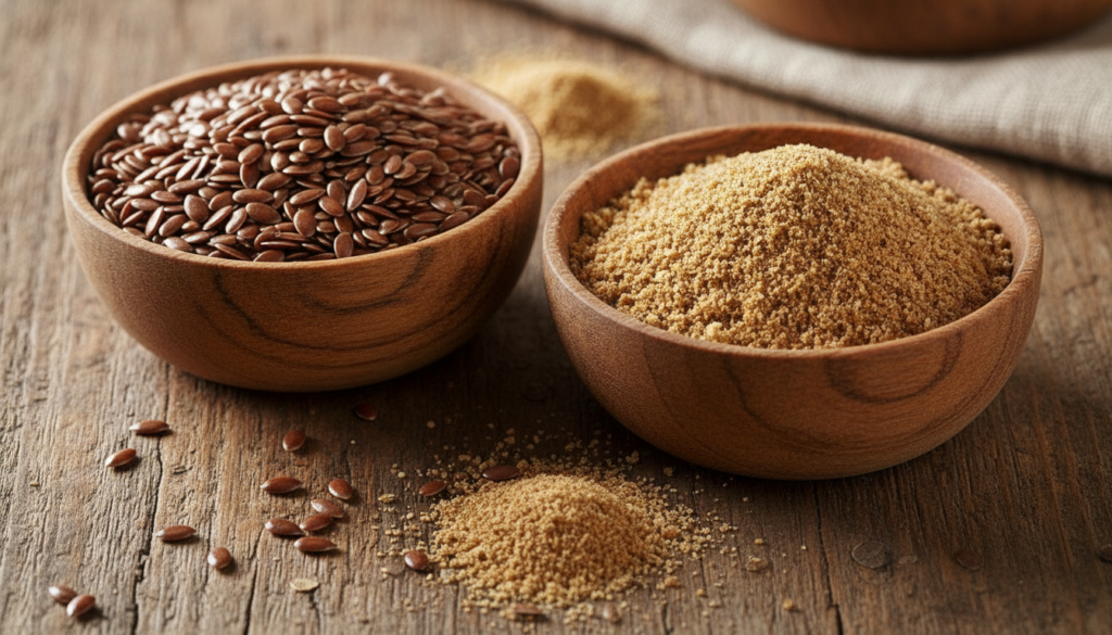 A close-up of whole and ground flax seeds in small wooden bowls on a rustic surface with a blurred natural background