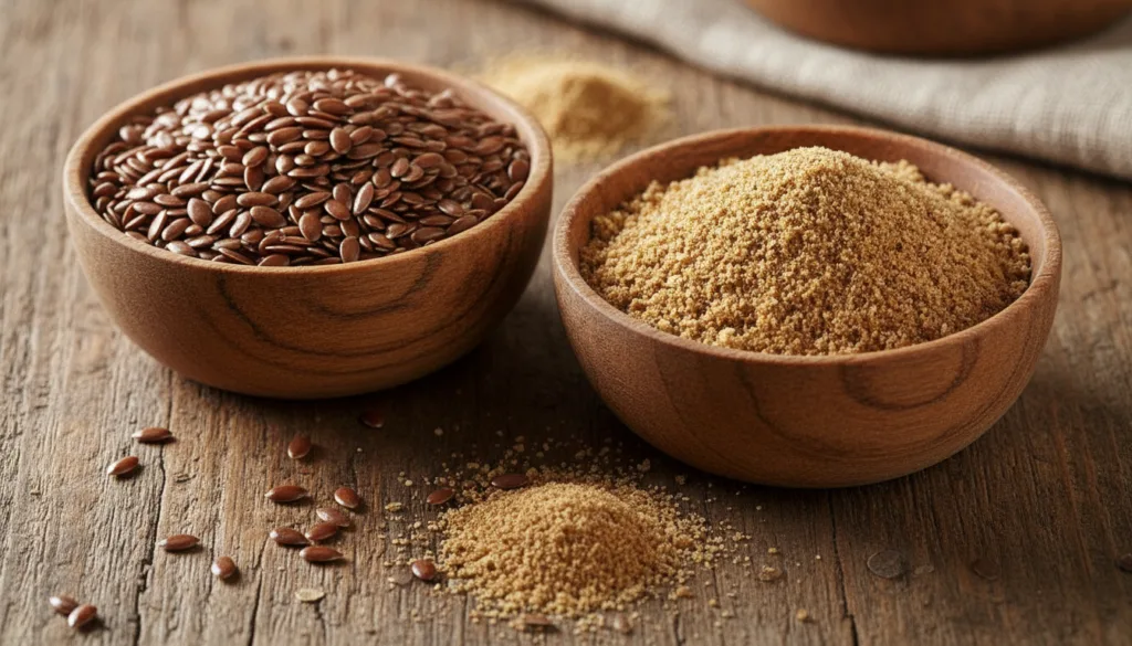 A close-up of whole and ground flax seeds in small wooden bowls on a rustic surface with a blurred natural background