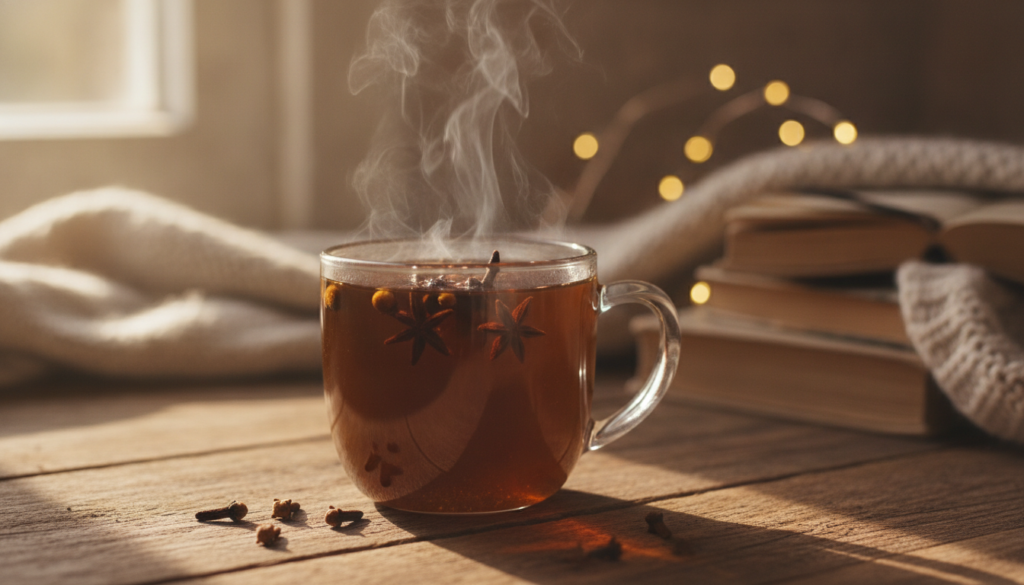 A warm mug of clove tea with a few whole cloves floating and steam rising on a cozy background