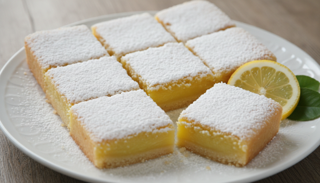 Square classic lemon bars dusted with powdered sugar with one bar showing a vibrant yellow filling arranged on a white p