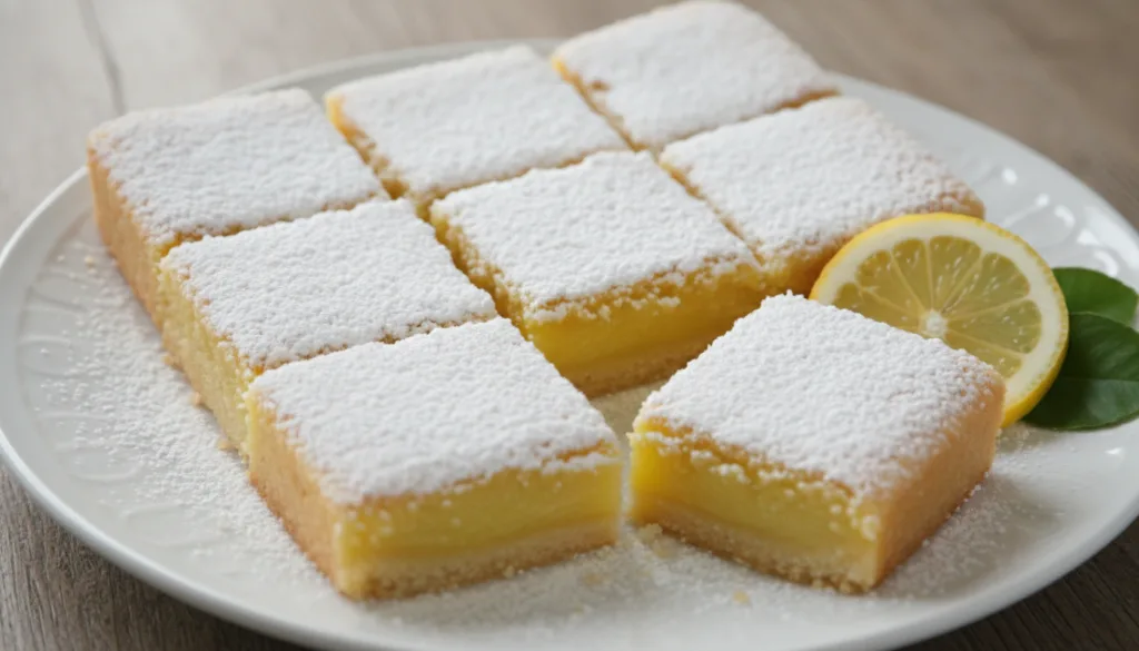 Square classic lemon bars dusted with powdered sugar with one bar showing a vibrant yellow filling arranged on a white p
