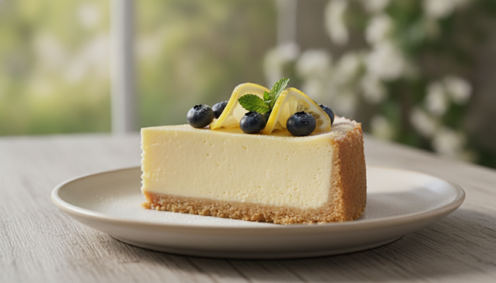 A creamy lemon cheesecake slice with a graham cracker crust topped with fresh lemon slices and a few blueberries