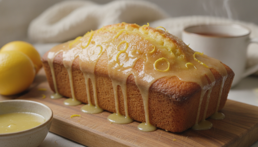 A moist lemon loaf cake topped with a shiny lemon glaze and garnished with fresh lemon zest on a rustic cutting board