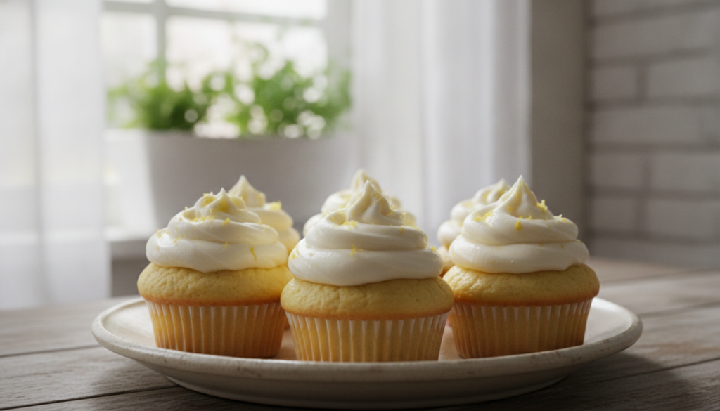 Fluffy lemon cupcakes topped with swirls of creamy cream cheese frosting and a sprinkle of lemon zest arranged on a serv