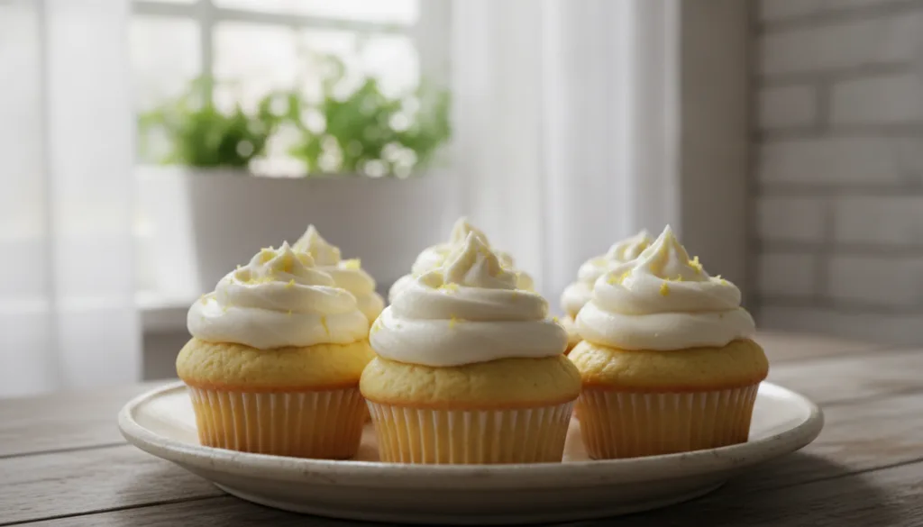 Fluffy lemon cupcakes topped with swirls of creamy cream cheese frosting and a sprinkle of lemon zest arranged on a serv
