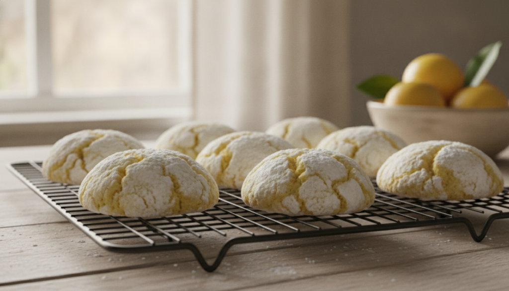 Soft chewy lemon crinkle cookies coated in powdered sugar displaying beautiful crinkles on a cooling rack