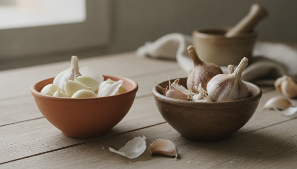 Close-up of fresh garlic cloves and whole dried cloves in separate small bowls on a wooden surface