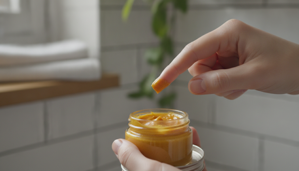 A small glass jar containing the golden-colored Vaseline turmeric and rosehip oil mixture with a gentle hand scooping ou
