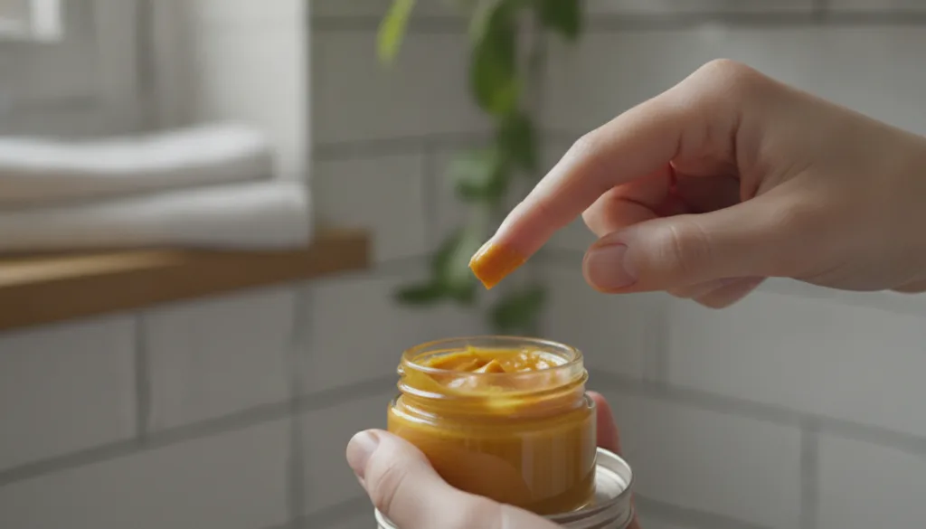 A small glass jar containing the golden-colored Vaseline turmeric and rosehip oil mixture with a gentle hand scooping ou