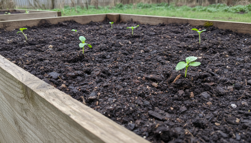 Close-up of healthy dark rich garden soil in a raised bed ready for planting
