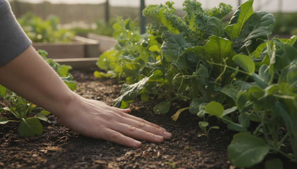 Hand checking soil moisture in a raised garden bed with healthy vegetable plants