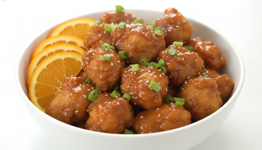 A white bowl brimming with sticky orange chicken showcasing crispy battered chicken coated in a glistening dark orange s