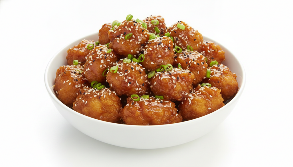A white bowl filled with classic sesame chicken showing crispy battered chicken pieces coated in a dark glossy sauce spr