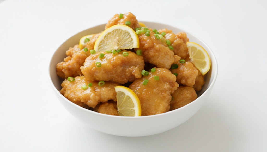 A white bowl of golden brown lemon chicken featuring crispy battered chicken pieces coated in a glossy yellow lemon sauc