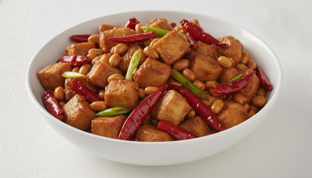 A white bowl of spicy Kung Pao chicken featuring cubed chicken roasted peanuts dried red chilies and sliced green onions