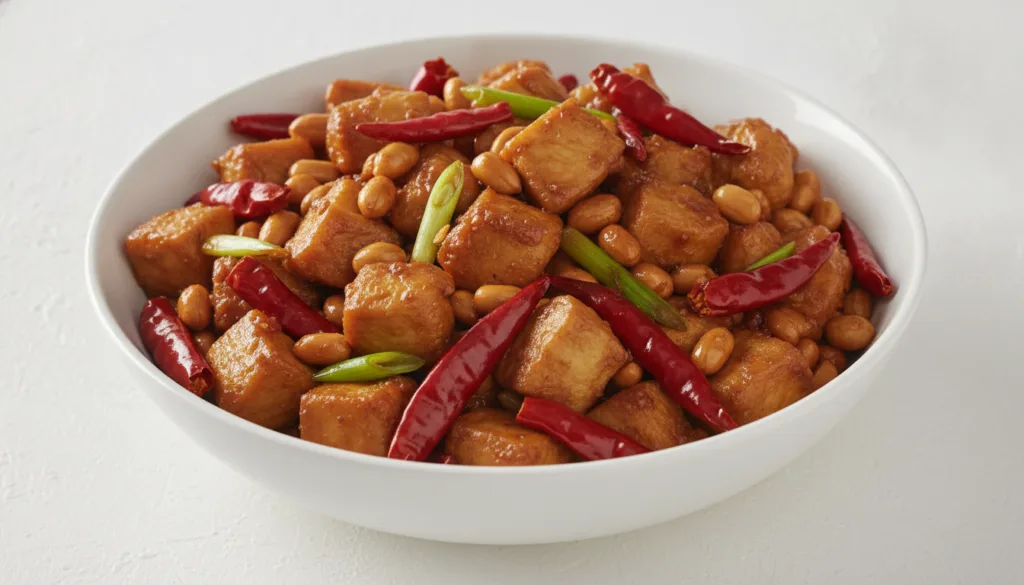 A white bowl of spicy Kung Pao chicken featuring cubed chicken roasted peanuts dried red chilies and sliced green onions