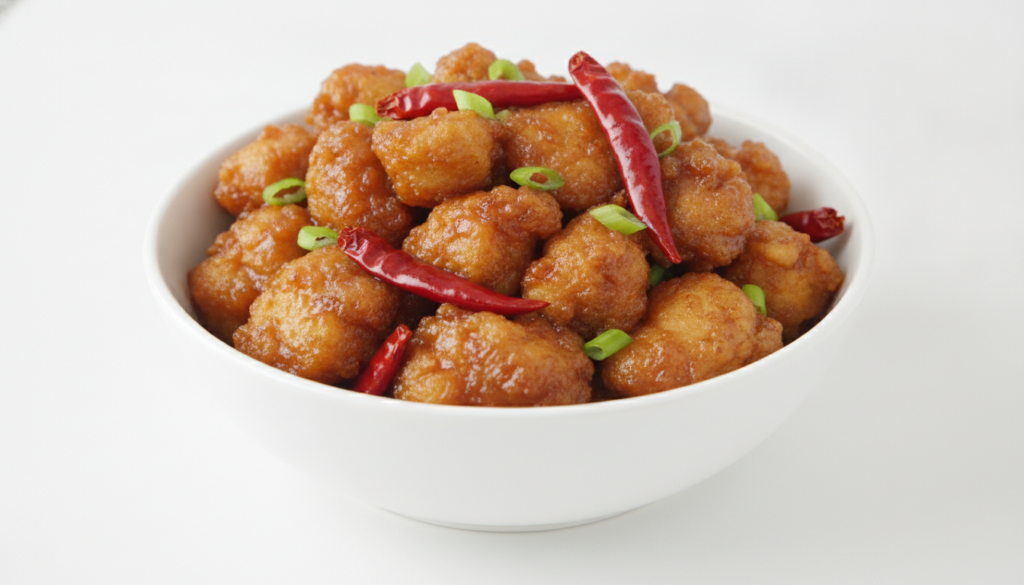 A white bowl of tangy General Tso s chicken showcasing crispy battered chicken pieces in a dark glossy sweet and spicy s