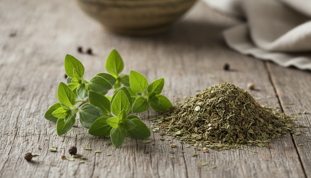 A close-up of fresh oregano leaves and dried oregano flakes emphasizing their texture and vibrant green color against a