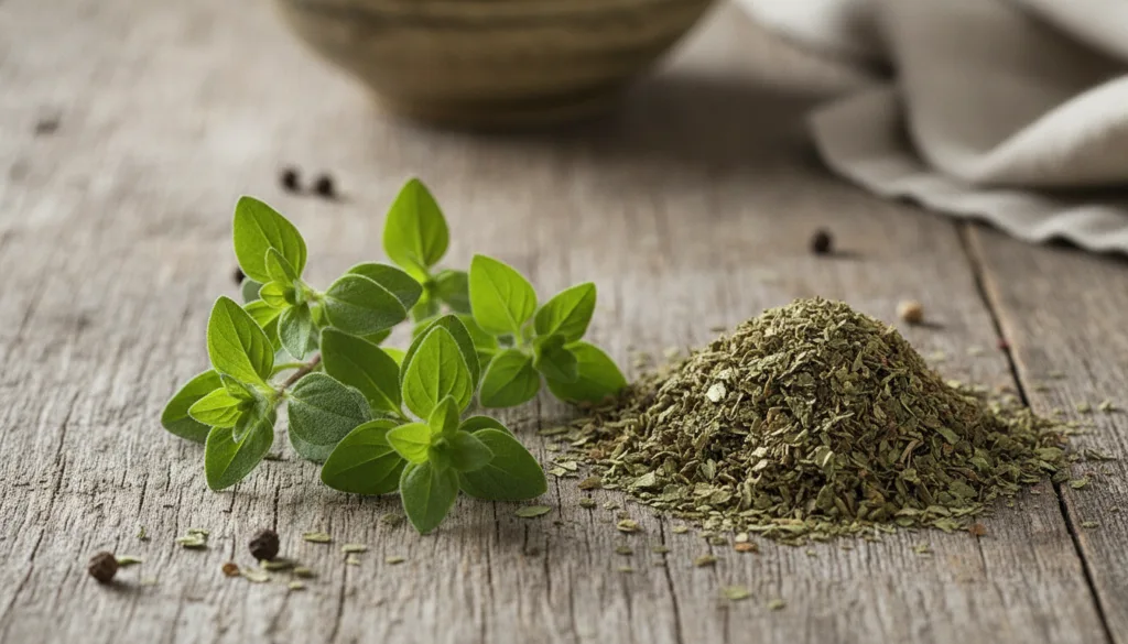 A close-up of fresh oregano leaves and dried oregano flakes emphasizing their texture and vibrant green color against a 