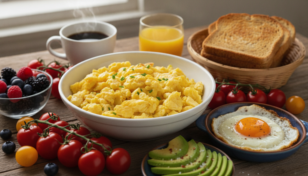 A visually appealing arrangement of various healthy breakfast ingredients including both duck and chicken eggs fresh veg