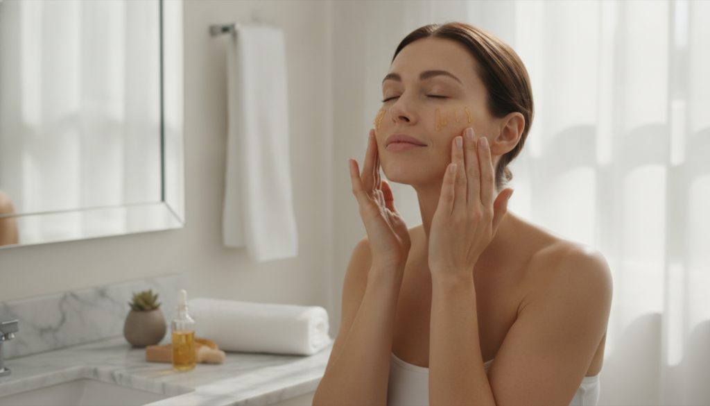A woman gently massaging a few drops of facial oil onto her clean face looking radiant
