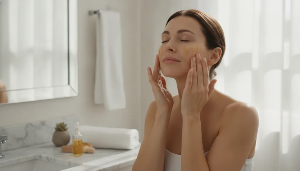 A woman gently massaging a few drops of facial oil onto her clean face looking radiant