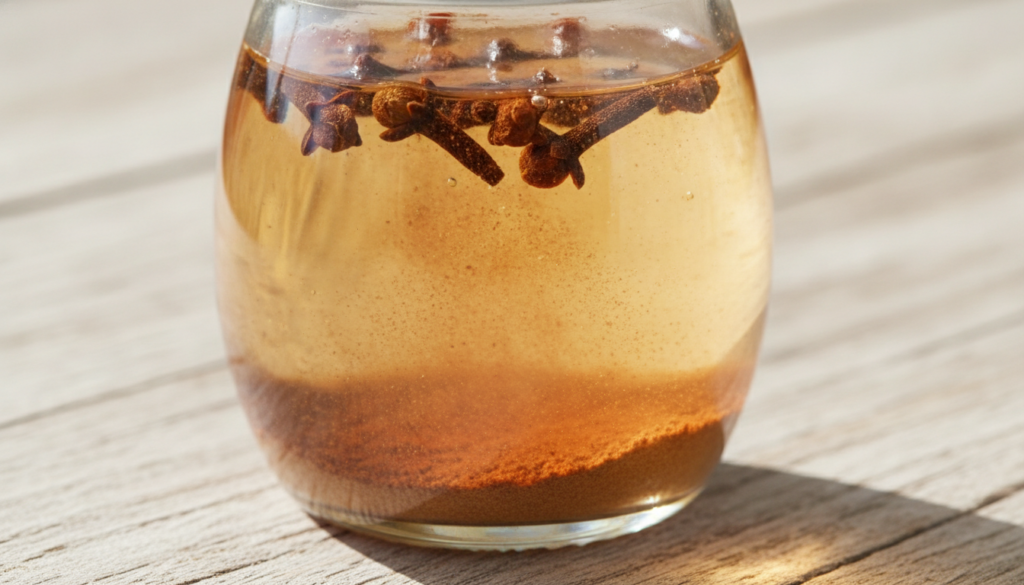 Close-up of dried cloves and cinnamon powder infusing in a glass jar of baby oil