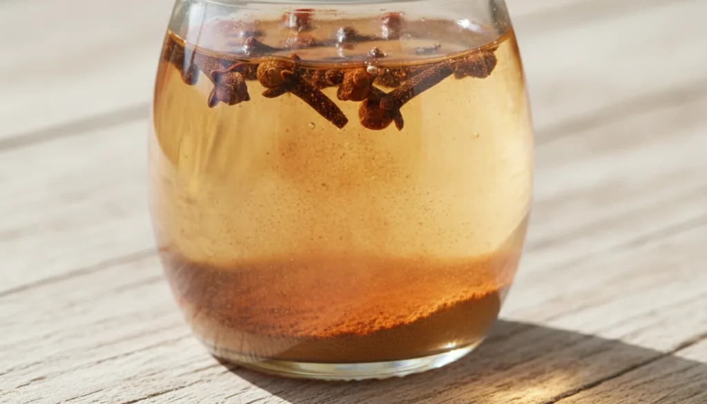 Close-up of dried cloves and cinnamon powder infusing in a glass jar of baby oil