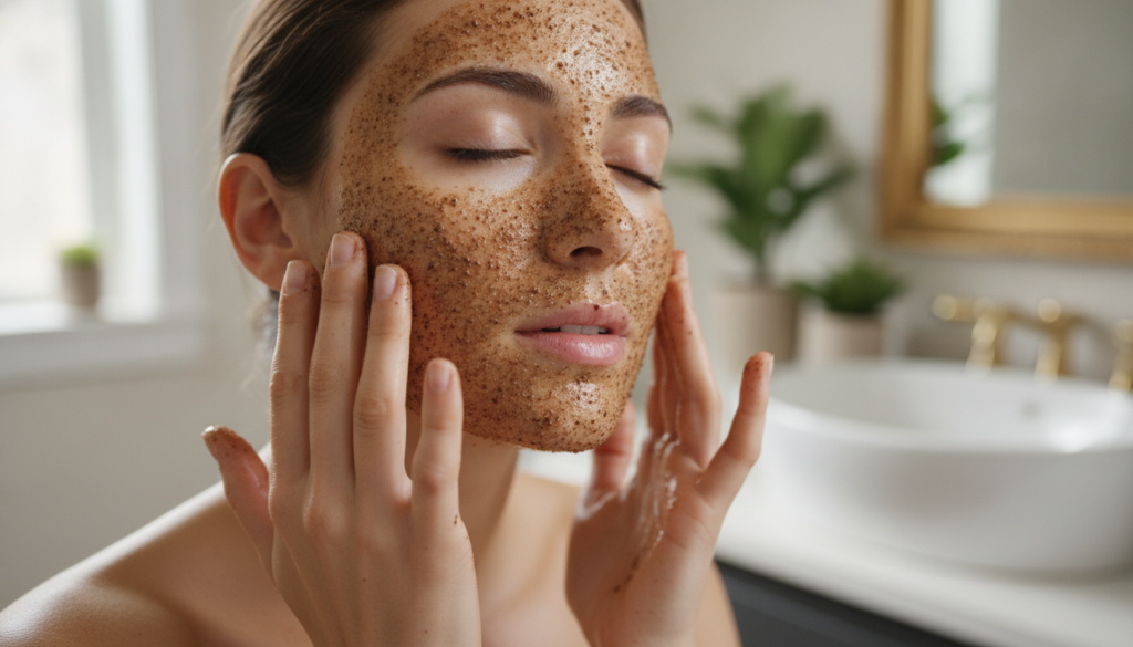 A woman gently massaging the coffee and baby oil blend onto her face showing the texture of the mixture on her skin