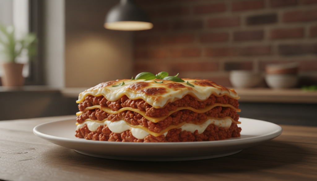 A hearty slice of Classic Beef Lasagna with rich meat sauce and melted cheese on a white plate garnished with fresh basi