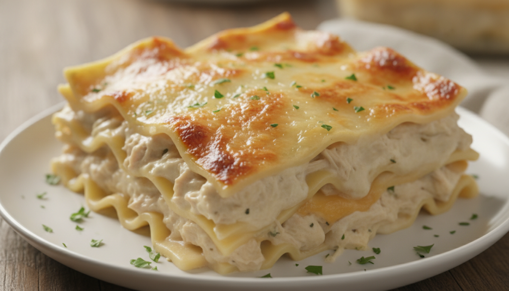 A rich creamy slice of Chicken Alfredo Lasagna on a white plate showing tender chicken and creamy white sauce layers wit