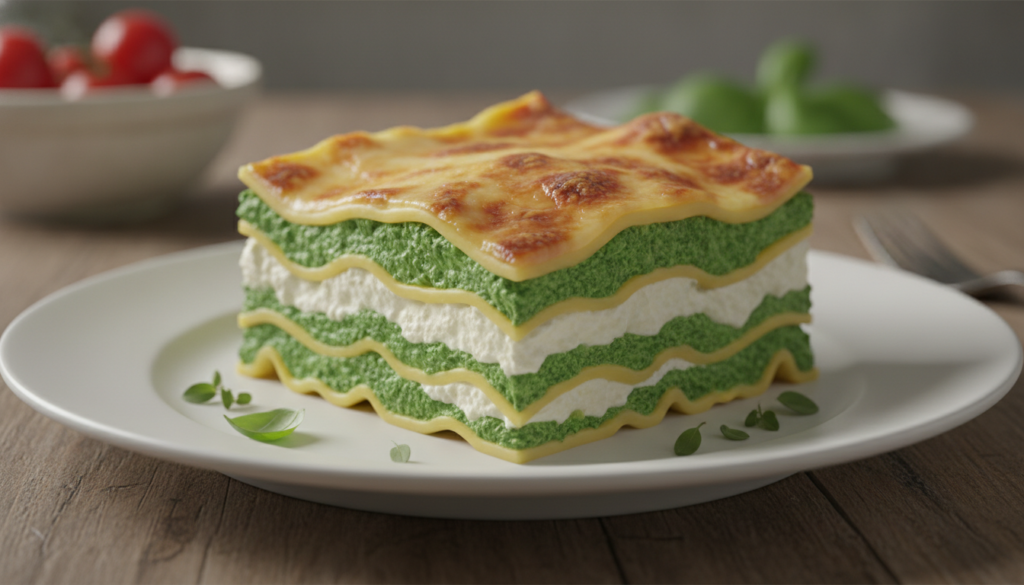 A vibrant cheesy slice of Spinach Ricotta Lasagna on a white plate showing green spinach layers and melted cheese garnis