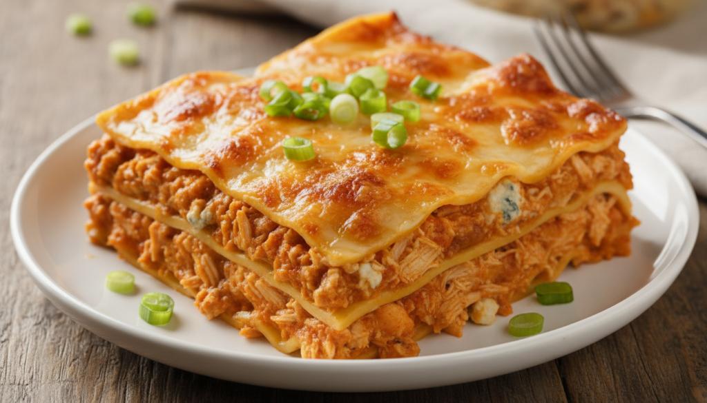 A spicy and cheesy slice of Buffalo Chicken Lasagna on a white plate showing orange-hued chicken layers and melted chees