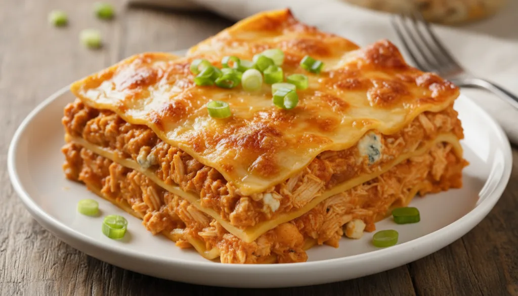 A spicy and cheesy slice of Buffalo Chicken Lasagna on a white plate showing orange-hued chicken layers and melted chees