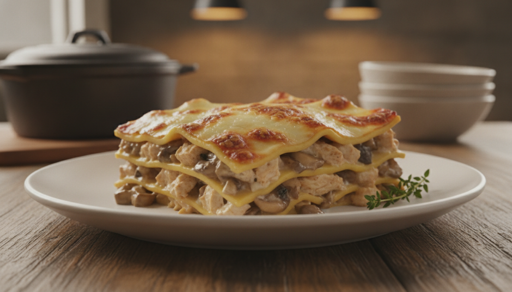 A savory slice of Creamy Chicken Mushroom Lasagna on a white plate showing tender chicken earthy mushrooms and a rich cr