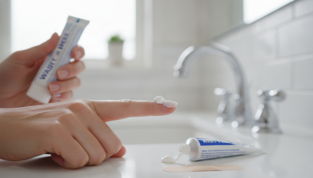 A hand applying the baking soda and castor oil paste onto a wart on a finger covered with a small bandage