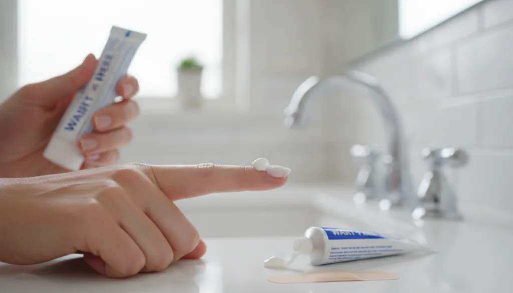 A hand applying the baking soda and castor oil paste onto a wart on a finger covered with a small bandage