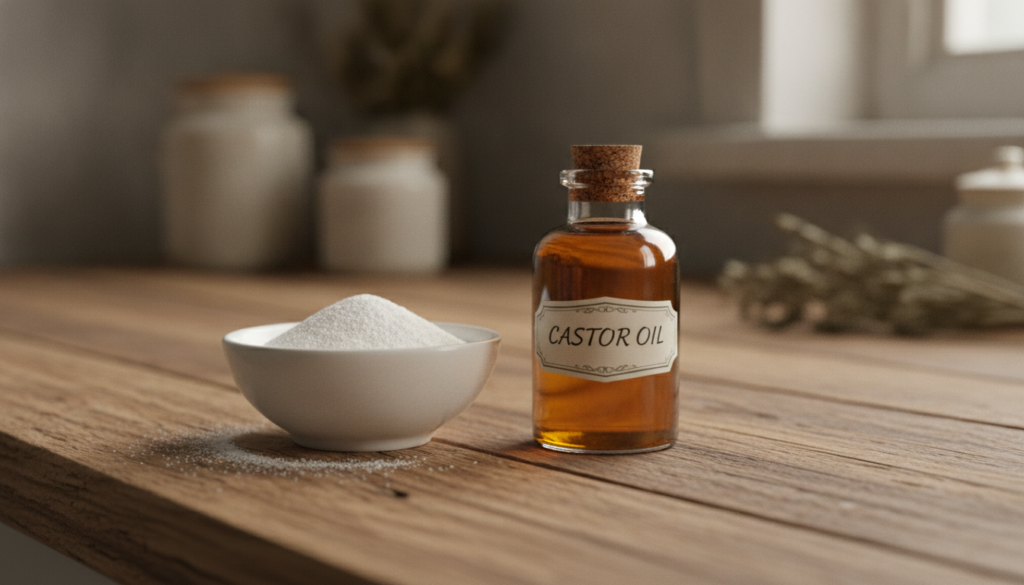 Ingredients for the DIY wart and smooth skin paste baking soda and a bottle of castor oil on a wooden counter