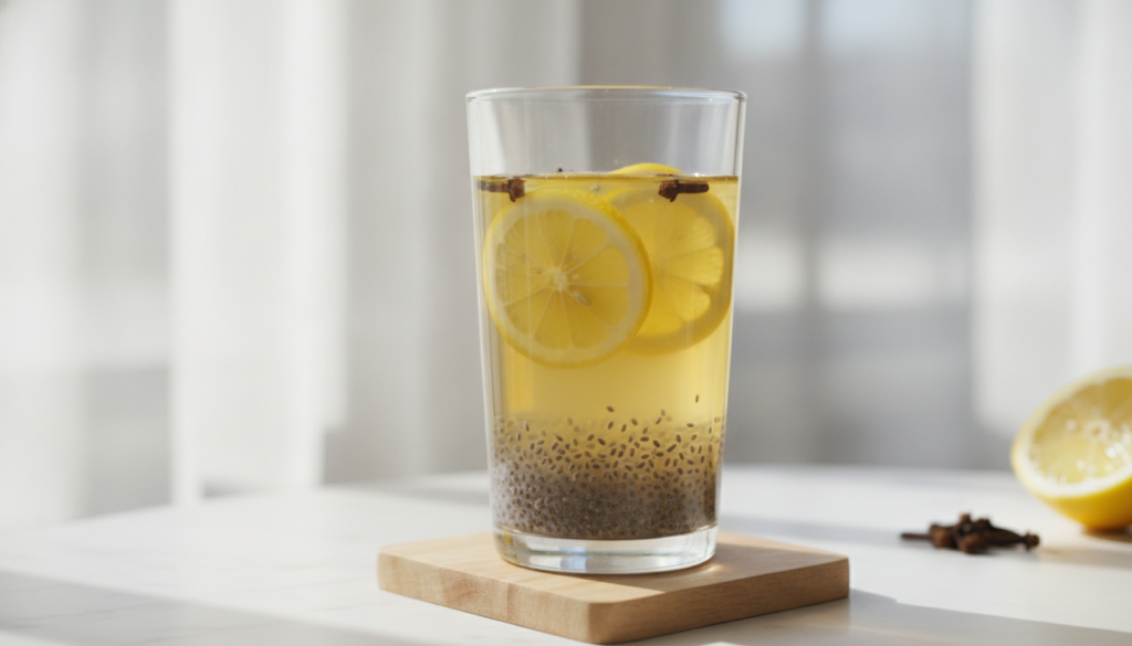 A clear glass containing a vibrant Clove Lemon Chia Collagen Drink with chia seeds visible at the bottom lemon slices an