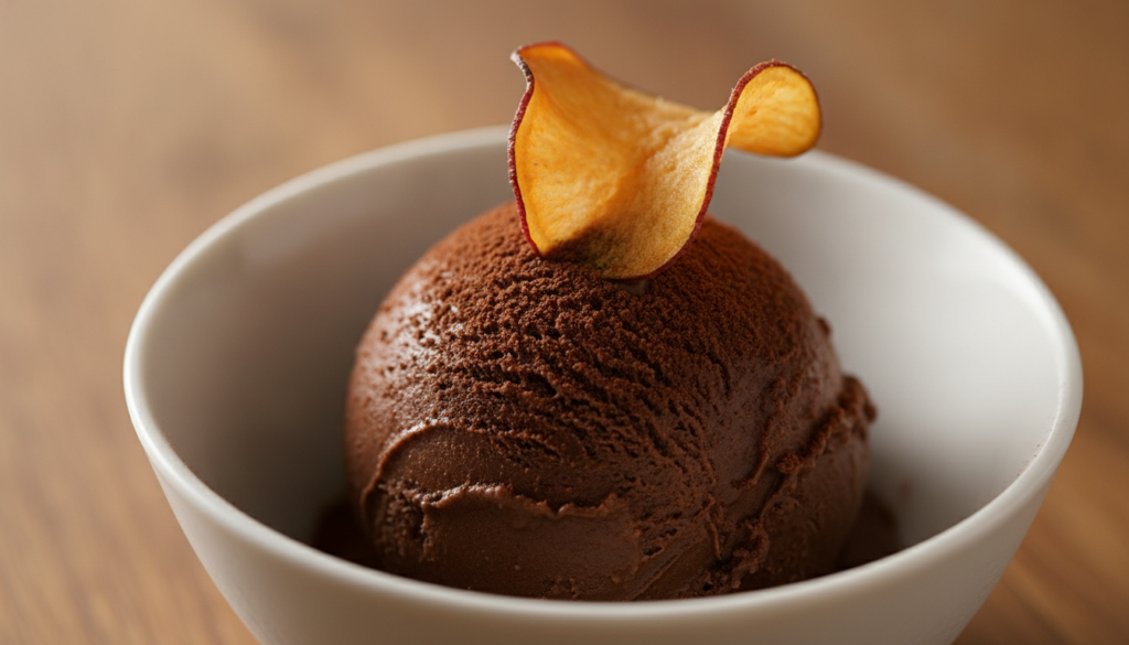 A scoop of rich creamy chocolate ice cream garnished with a sprinkle of cocoa powder and a small sweet potato chip or cu