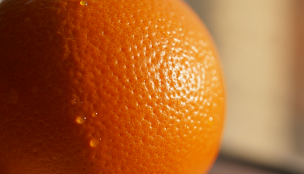 Close-up of a vibrant orange peel perhaps being grated or drying with a soft inviting light