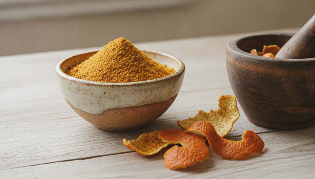 A small bowl of dried orange peel powder next to some fresh orange peels and a mortar and pestle illustrating preparatio