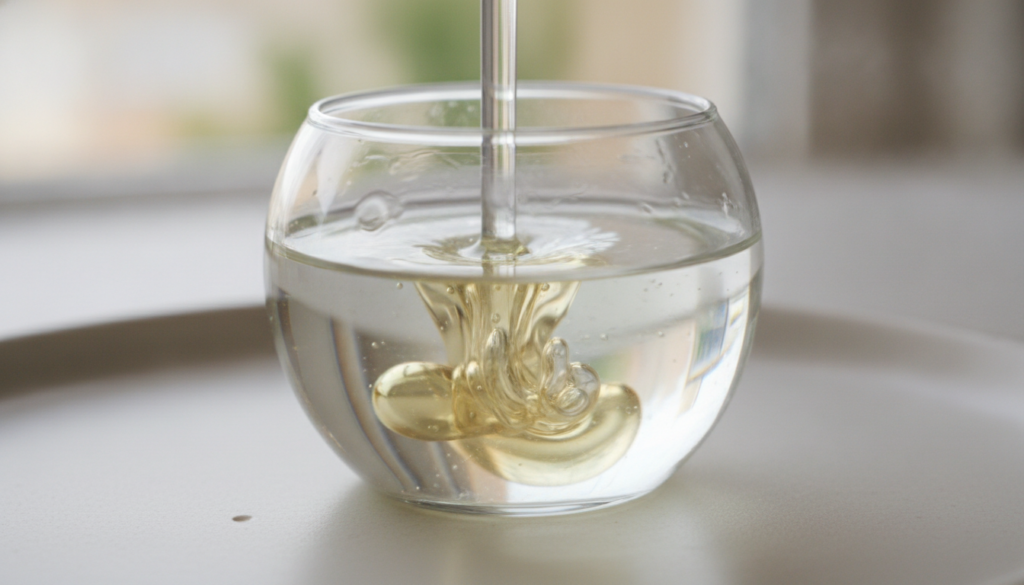 A close-up of a small glass bowl with baby oil and a clear liquid from a pricked vitamin E capsule being mixed with a sm