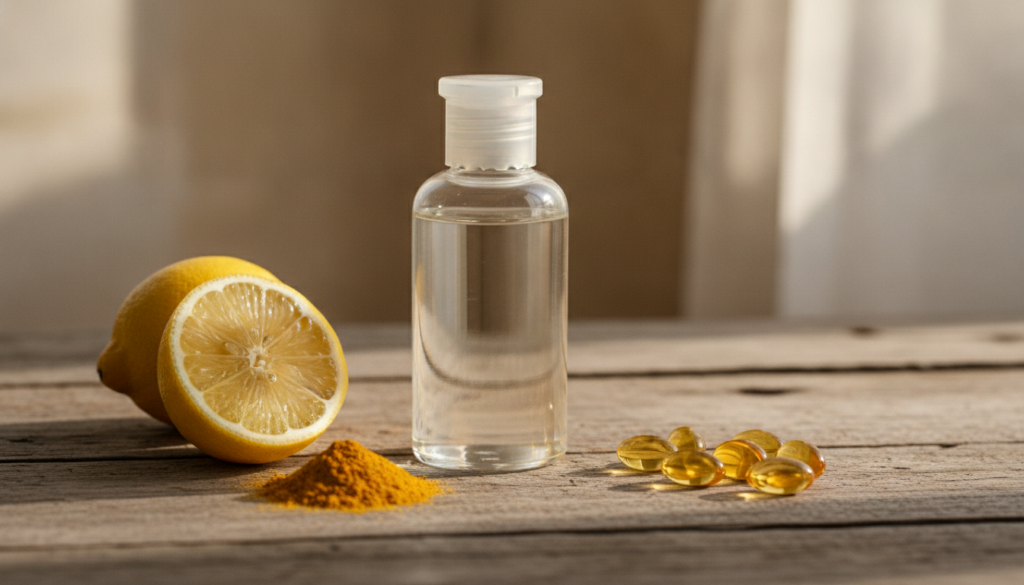 An arrangement of a baby oil bottle a lemon cut in half a small bowl of turmeric powder and a few vitamin E capsules on 